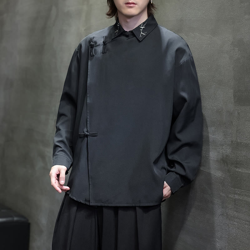 Buddha Stonesヴィンテージ純色中国風カエルボタンデザイン刺繍ラペルメンズ長袖シャツ - image 6