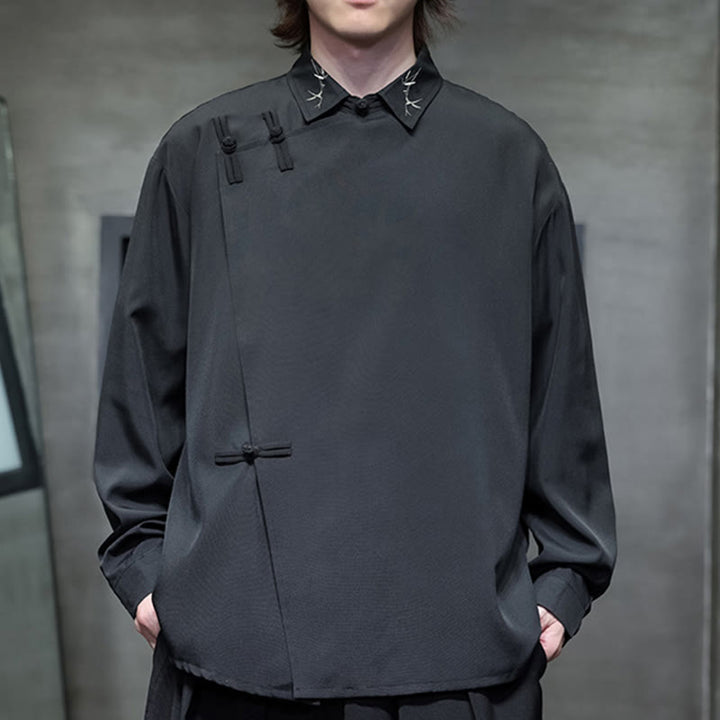 Buddha Stonesヴィンテージ純色中国風カエルボタンデザイン刺繍ラペルメンズ長袖シャツ - 黒 - US/UK/AU46、 EU56 (5XL) - image 0