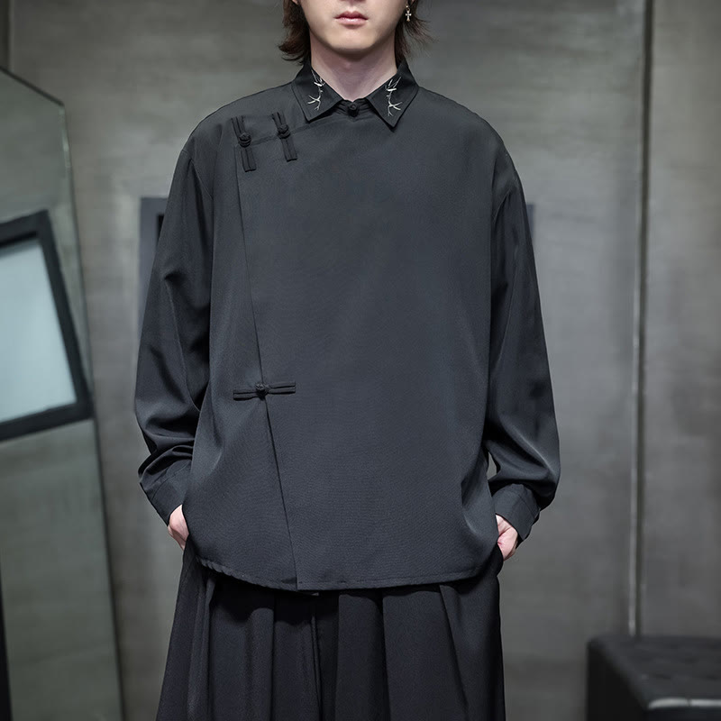 Buddha Stonesヴィンテージ純色中国風カエルボタンデザイン刺繍ラペルメンズ長袖シャツ - image 5