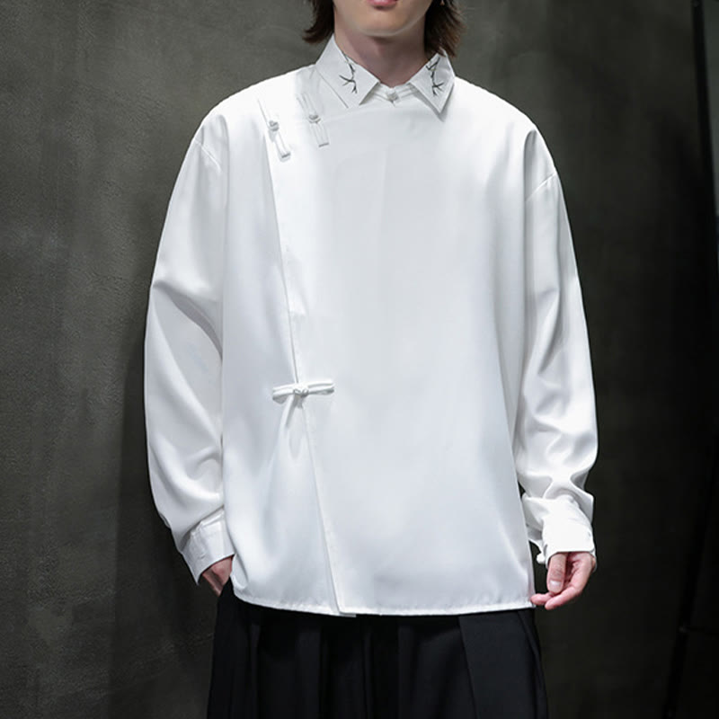 Buddha Stonesヴィンテージ純色中国風カエルボタンデザイン刺繍ラペルメンズ長袖シャツ - image 18