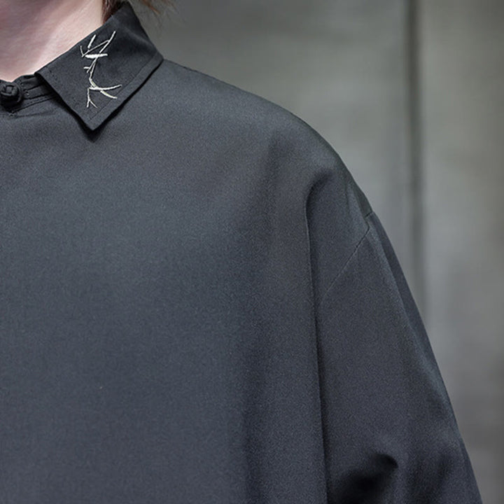 Buddha Stonesヴィンテージ純色中国風カエルボタンデザイン刺繍ラペルメンズ長袖シャツ - image 11