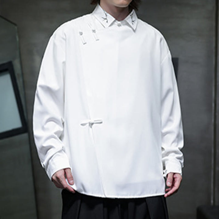 Buddha Stonesヴィンテージ純色中国風カエルボタンデザイン刺繍ラペルメンズ長袖シャツ - image 16