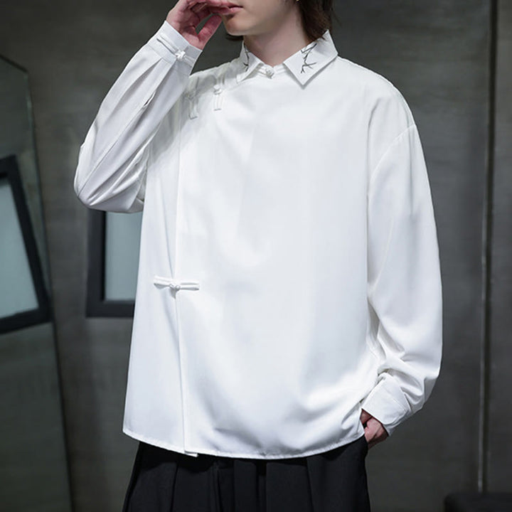 Buddha Stonesヴィンテージ純色中国風カエルボタンデザイン刺繍ラペルメンズ長袖シャツ - image 15