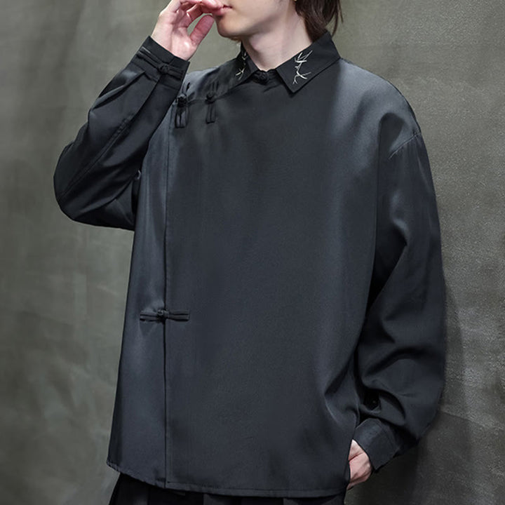 Buddha Stonesヴィンテージ純色中国風カエルボタンデザイン刺繍ラペルメンズ長袖シャツ - image 3