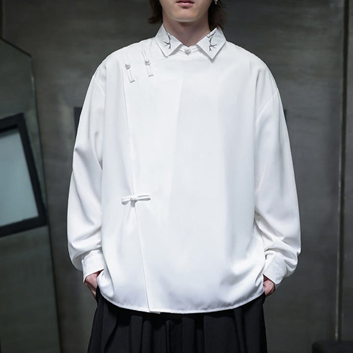 Buddha Stonesヴィンテージ純色中国風カエルボタンデザイン刺繍ラペルメンズ長袖シャツ - 白 - US/UK/AU46、 EU56 (5XL) - image 14