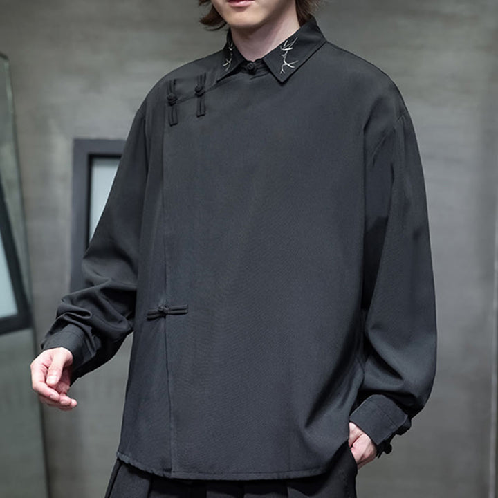 Buddha Stonesヴィンテージ純色中国風カエルボタンデザイン刺繍ラペルメンズ長袖シャツ - image 2