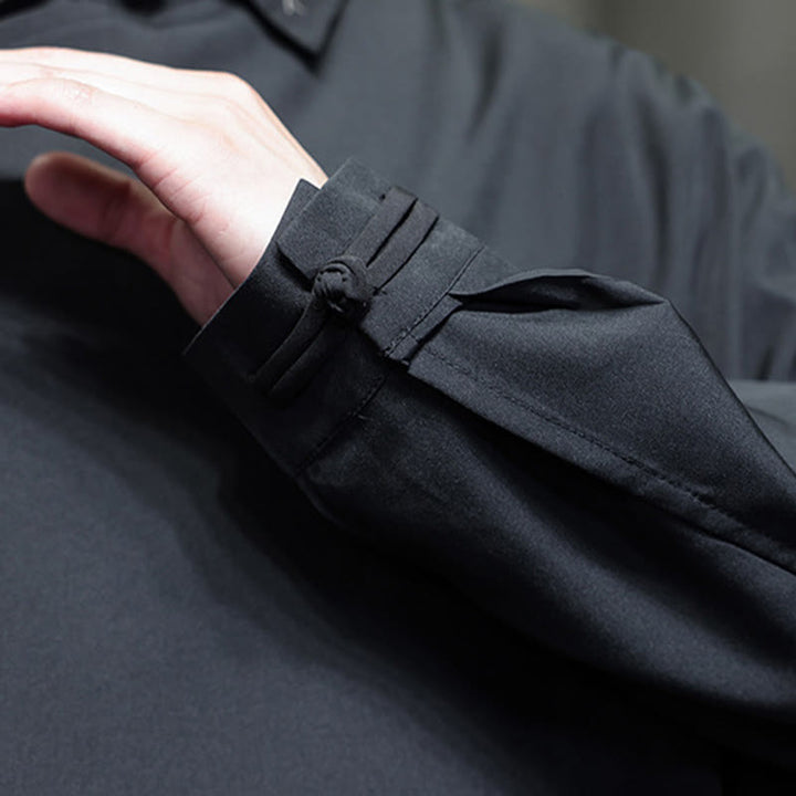 Buddha Stonesヴィンテージ純色中国風カエルボタンデザイン刺繍ラペルメンズ長袖シャツ - image 12