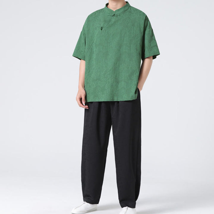 Buddha Stonesレトロ 純色 カエルボタンデザイン ジャカード 花柄 メンズ 半袖 コットンリネン シャツ - image 7