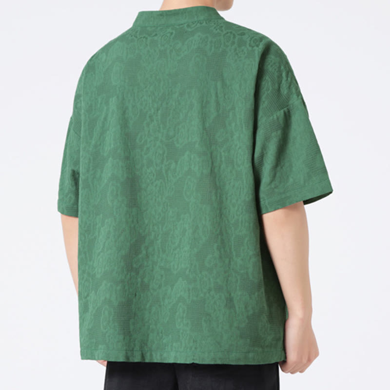 Buddha Stonesレトロ 純色 カエルボタンデザイン ジャカード 花柄 メンズ 半袖 コットンリネン シャツ - image 4