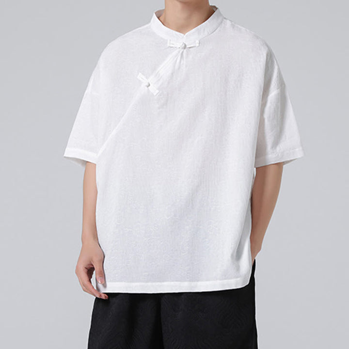 Buddha Stonesレトロ 純色 カエルボタンデザイン ジャカード 花柄 メンズ 半袖 コットンリネン シャツ - image 18