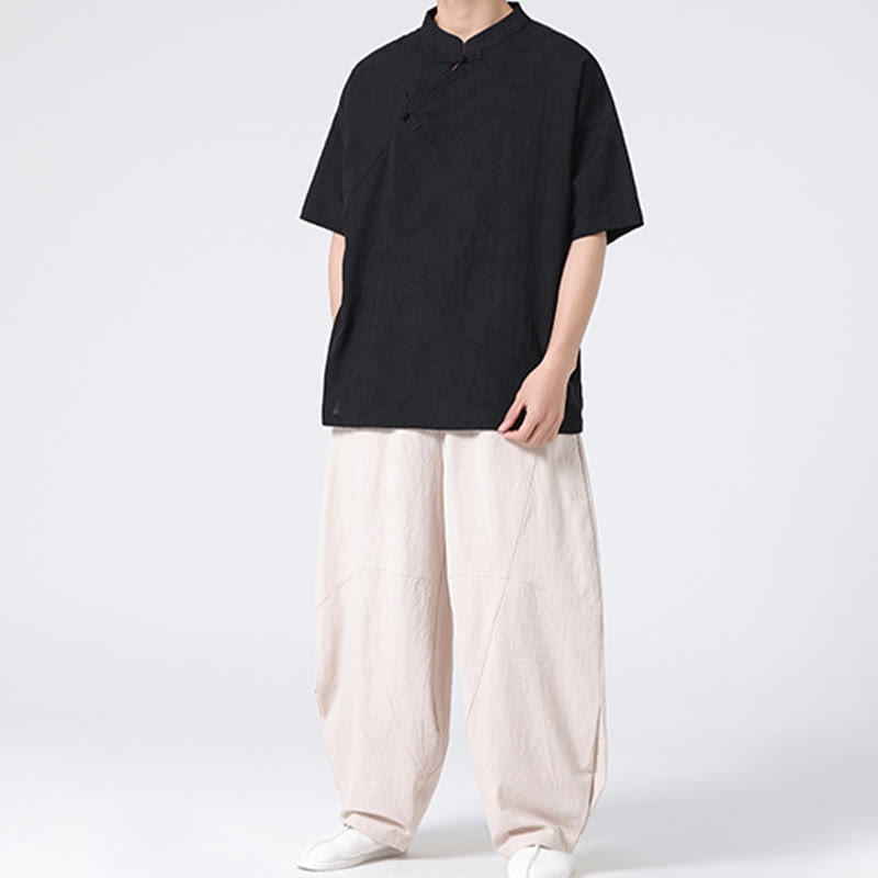 Buddha Stonesレトロ 純色 カエルボタンデザイン ジャカード 花柄 メンズ 半袖 コットンリネン シャツ - image 32