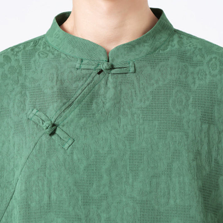 Buddha Stonesレトロ 純色 カエルボタンデザイン ジャカード 花柄 メンズ 半袖 コットンリネン シャツ - image 8