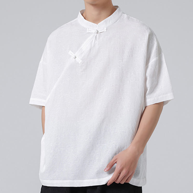 Buddha Stonesレトロ 純色 カエルボタンデザイン ジャカード 花柄 メンズ 半袖 コットンリネン シャツ - image 21