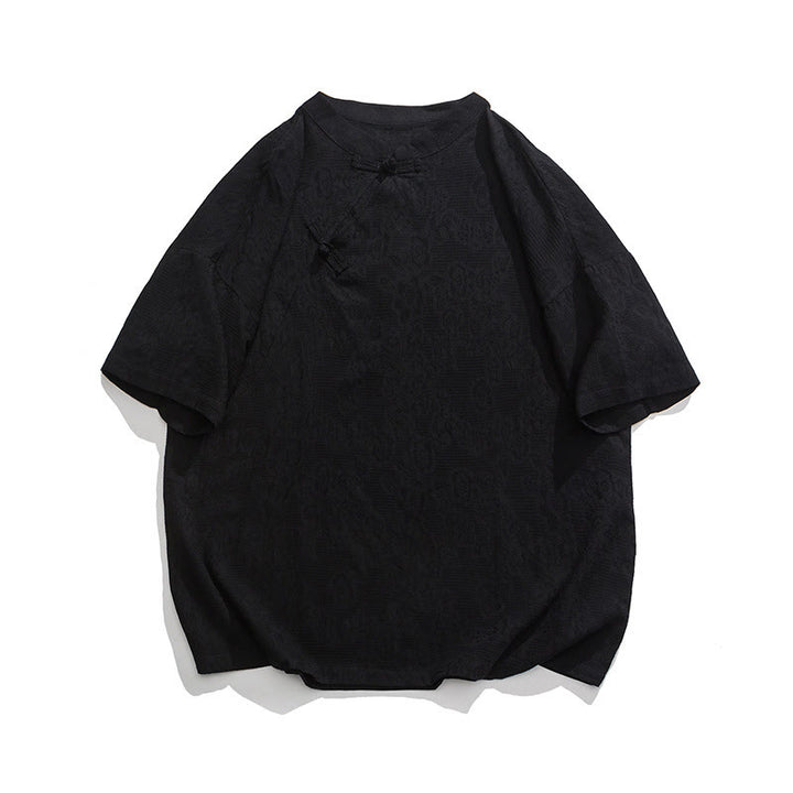 Buddha Stonesレトロ 純色 カエルボタンデザイン ジャカード 花柄 メンズ 半袖 コットンリネン シャツ - 黒 - US/UK/AU46、 EU56 (5XL) - image 24