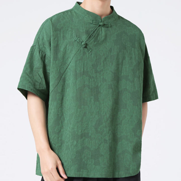 Buddha Stonesレトロ 純色 カエルボタンデザイン ジャカード 花柄 メンズ 半袖 コットンリネン シャツ - image 5