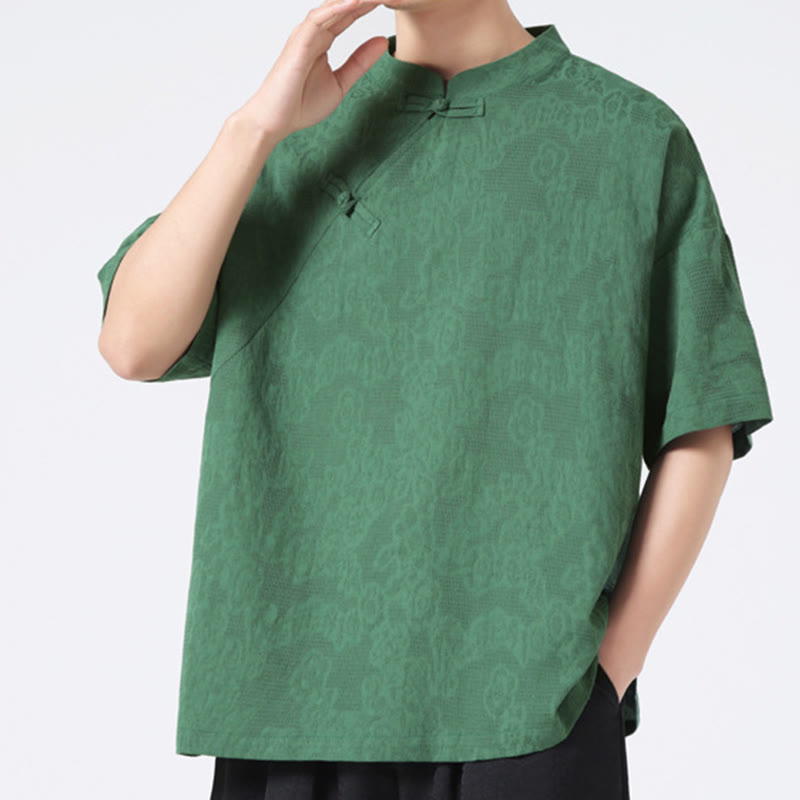 Buddha Stonesレトロ 純色 カエルボタンデザイン ジャカード 花柄 メンズ 半袖 コットンリネン シャツ - image 2