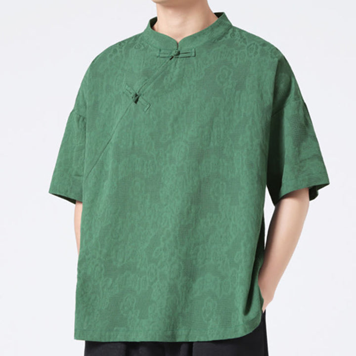 Buddha Stonesレトロ 純色 カエルボタンデザイン ジャカード 花柄 メンズ 半袖 コットンリネン シャツ - image 3