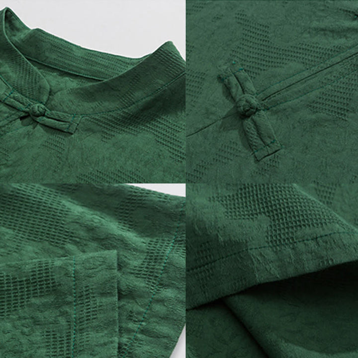 Buddha Stonesレトロ 純色 カエルボタンデザイン ジャカード 花柄 メンズ 半袖 コットンリネン シャツ - image 12