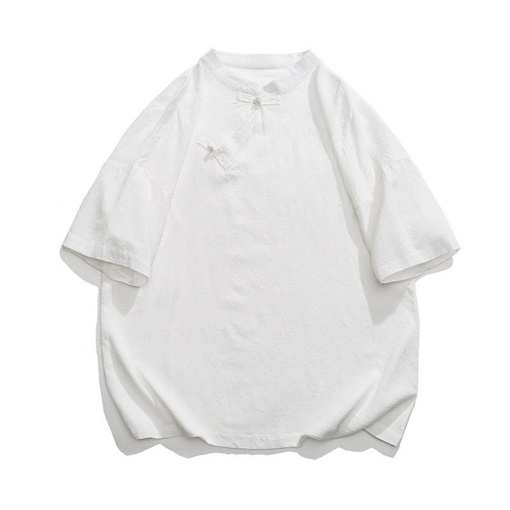 Buddha Stonesレトロ 純色 カエルボタンデザイン ジャカード 花柄 メンズ 半袖 コットンリネン シャツ - 白 - US/UK/AU46、 EU56 (5XL) - image 14