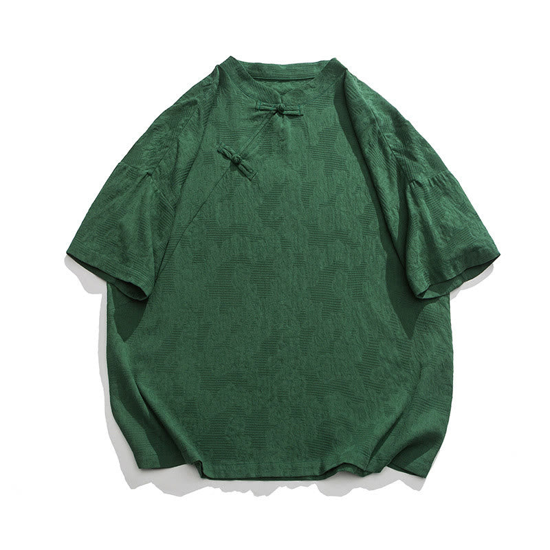 Buddha Stonesレトロ 純色 カエルボタンデザイン ジャカード 花柄 メンズ 半袖 コットンリネン シャツ - image 13