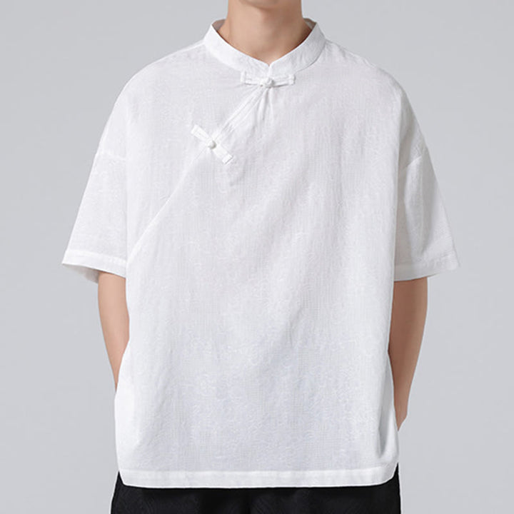 Buddha Stonesレトロ 純色 カエルボタンデザイン ジャカード 花柄 メンズ 半袖 コットンリネン シャツ - image 16