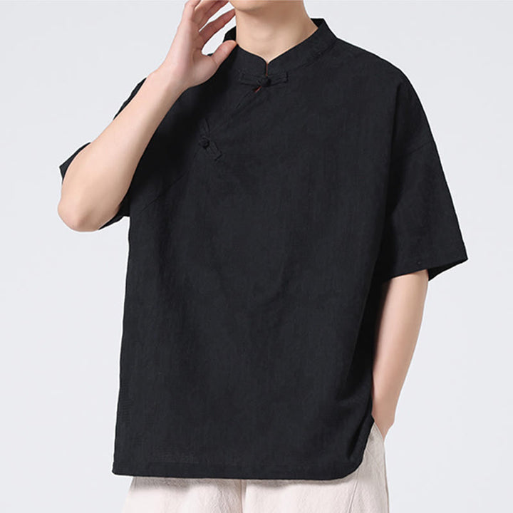 Buddha Stonesレトロ 純色 カエルボタンデザイン ジャカード 花柄 メンズ 半袖 コットンリネン シャツ - image 26