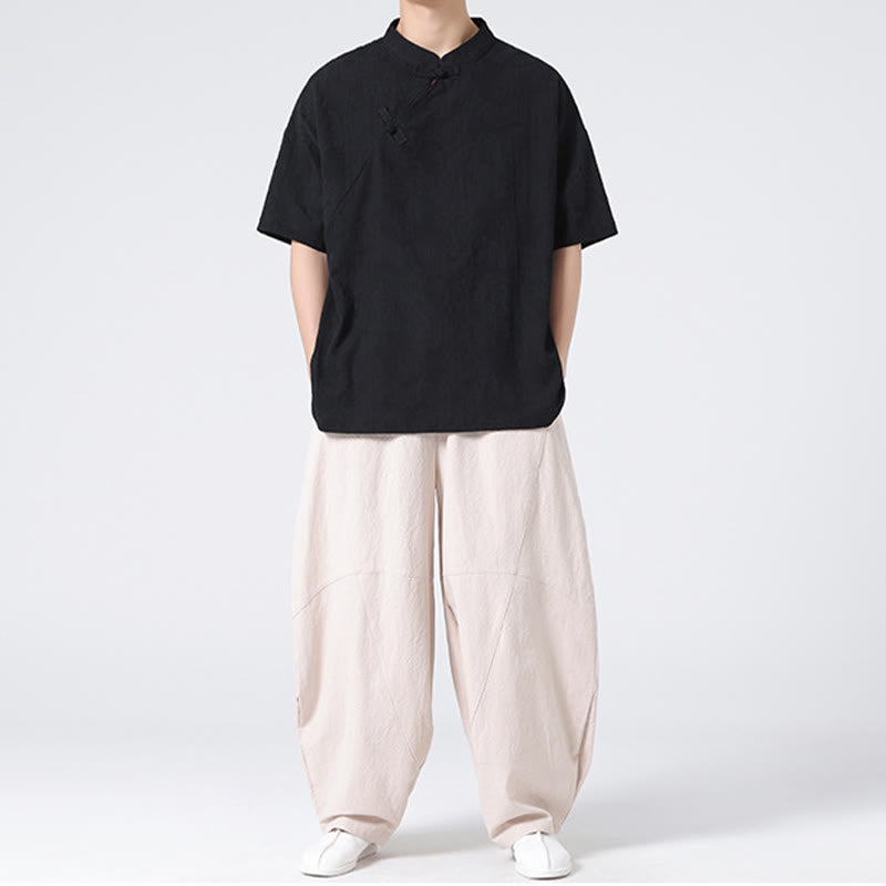 Buddha Stonesレトロ 純色 カエルボタンデザイン ジャカード 花柄 メンズ 半袖 コットンリネン シャツ - image 33