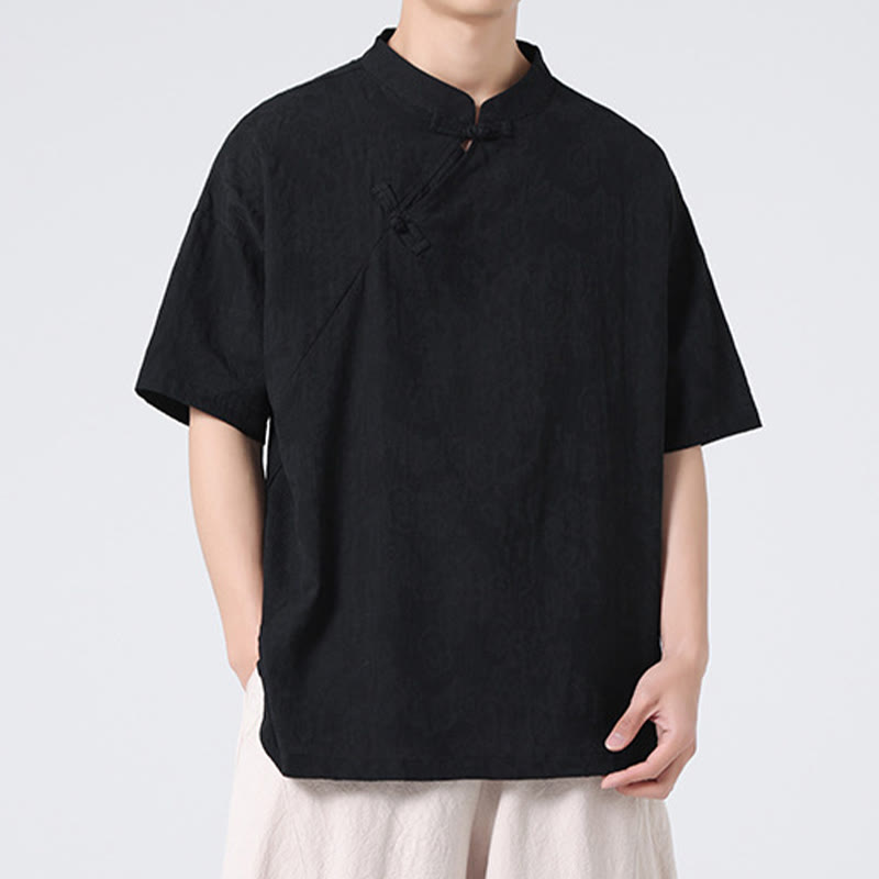 Buddha Stonesレトロ 純色 カエルボタンデザイン ジャカード 花柄 メンズ 半袖 コットンリネン シャツ - image 31