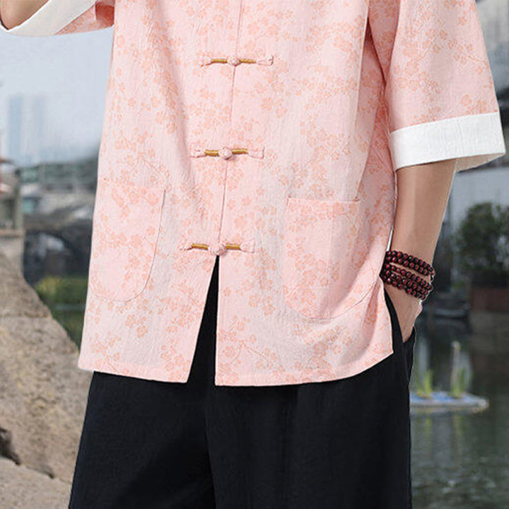 Buddha Stonesレトロプリント花柄カエルボタンデザインスタンドカラーメンズ半袖コットンシャツポケット付き - image 13