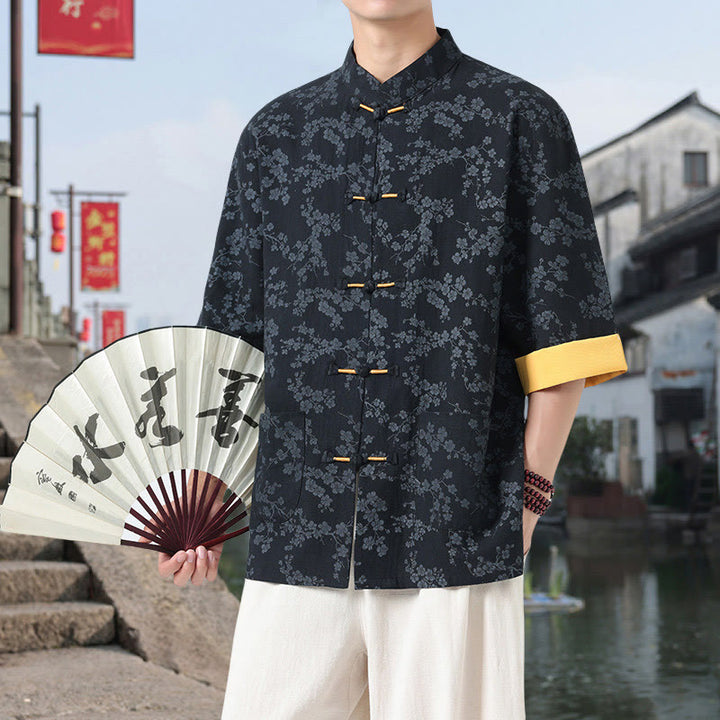 Buddha Stonesレトロプリント花柄カエルボタンデザインスタンドカラーメンズ半袖コットンシャツポケット付き - image 1