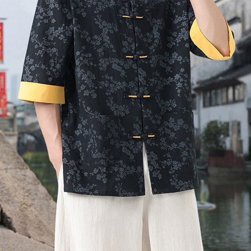 Buddha Stonesレトロプリント花柄カエルボタンデザインスタンドカラーメンズ半袖コットンシャツポケット付き - image 3