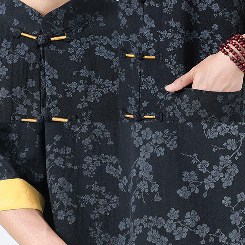 Buddha Stonesレトロプリント花柄カエルボタンデザインスタンドカラーメンズ半袖コットンシャツポケット付き - image 5