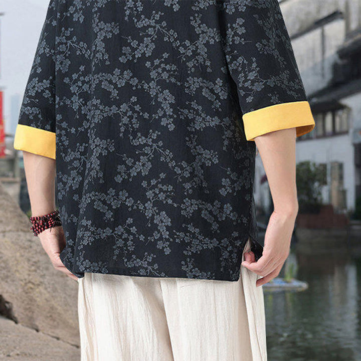 Buddha Stonesレトロプリント花柄カエルボタンデザインスタンドカラーメンズ半袖コットンシャツポケット付き - image 4