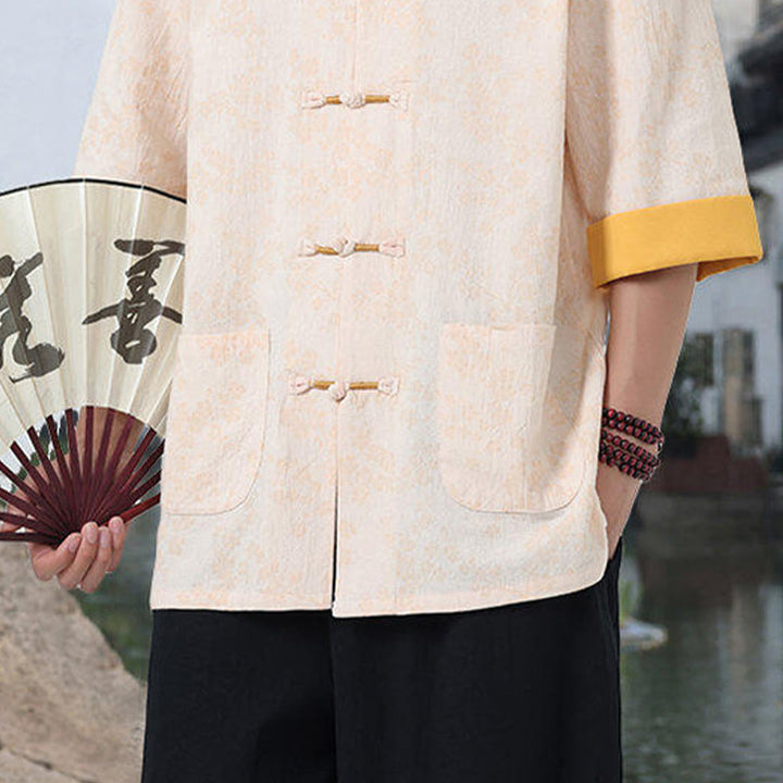 Buddha Stonesレトロプリント花柄カエルボタンデザインスタンドカラーメンズ半袖コットンシャツポケット付き - image 15