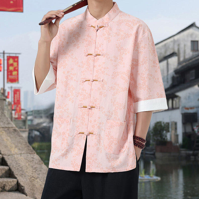 Buddha Stonesレトロプリント花柄カエルボタンデザインスタンドカラーメンズ半袖コットンシャツポケット付き - image 12