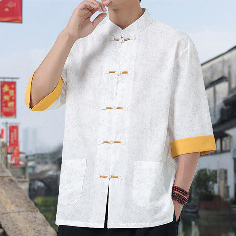 Buddha Stonesレトロプリント花柄カエルボタンデザインスタンドカラーメンズ半袖コットンシャツポケット付き - image 9