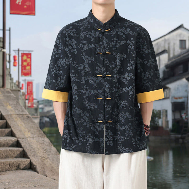 Buddha Stonesレトロプリント花柄カエルボタンデザインスタンドカラーメンズ半袖コットンシャツポケット付き - image 2