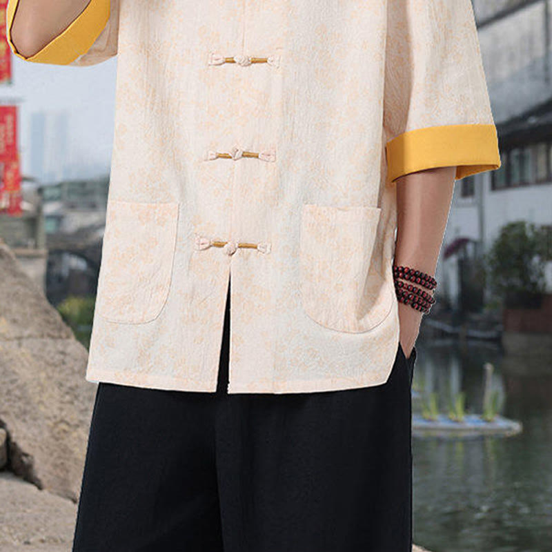 Buddha Stonesレトロプリント花柄カエルボタンデザインスタンドカラーメンズ半袖コットンシャツポケット付き - image 16