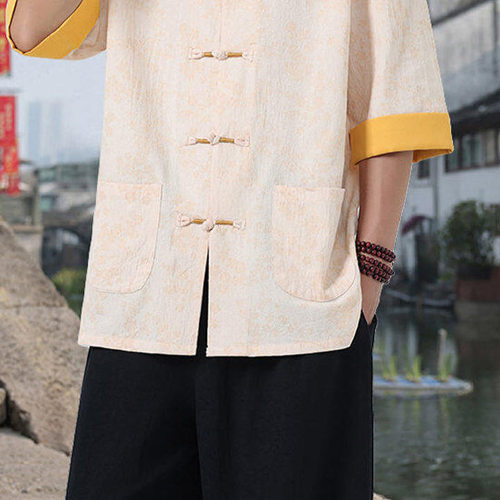 Buddha Stonesレトロプリント花柄カエルボタンデザインスタンドカラーメンズ半袖コットンシャツポケット付き - image 16