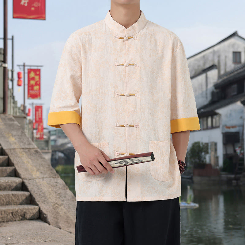 Buddha Stonesレトロプリント花柄カエルボタンデザインスタンドカラーメンズ半袖コットンシャツポケット付き - パパイヤホイップ - US/UK/AU46、 EU56 (5XL) - image 14