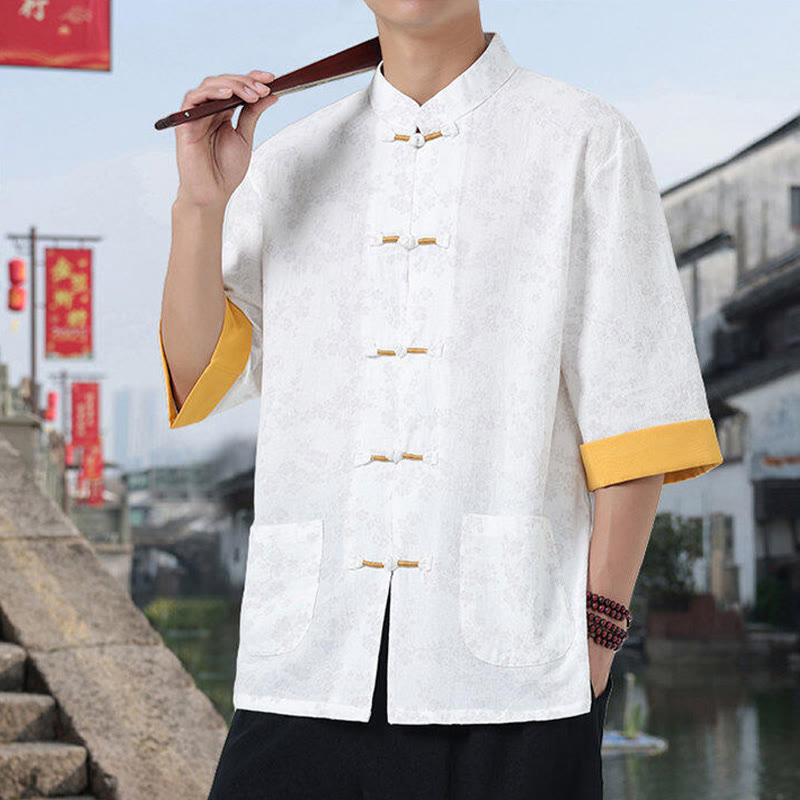 Buddha Stonesレトロプリント花柄カエルボタンデザインスタンドカラーメンズ半袖コットンシャツポケット付き - image 8