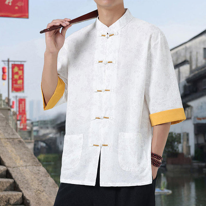 Buddha Stonesレトロプリント花柄カエルボタンデザインスタンドカラーメンズ半袖コットンシャツポケット付き - image 8