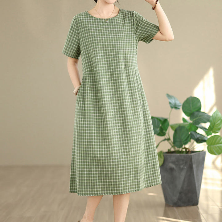 通勤用Buddha Stonesチェック柄シンプルデザインコットンリネン半袖ミディドレス（ポケット付き） - image 17