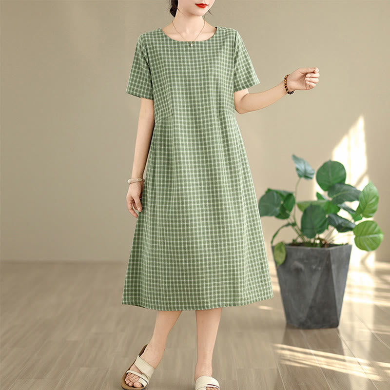 通勤用Buddha Stonesチェック柄シンプルデザインコットンリネン半袖ミディドレス（ポケット付き） - フォレストグリーン - US8-10，UK/AU12-14，EU40-42 (2XL) - image 12