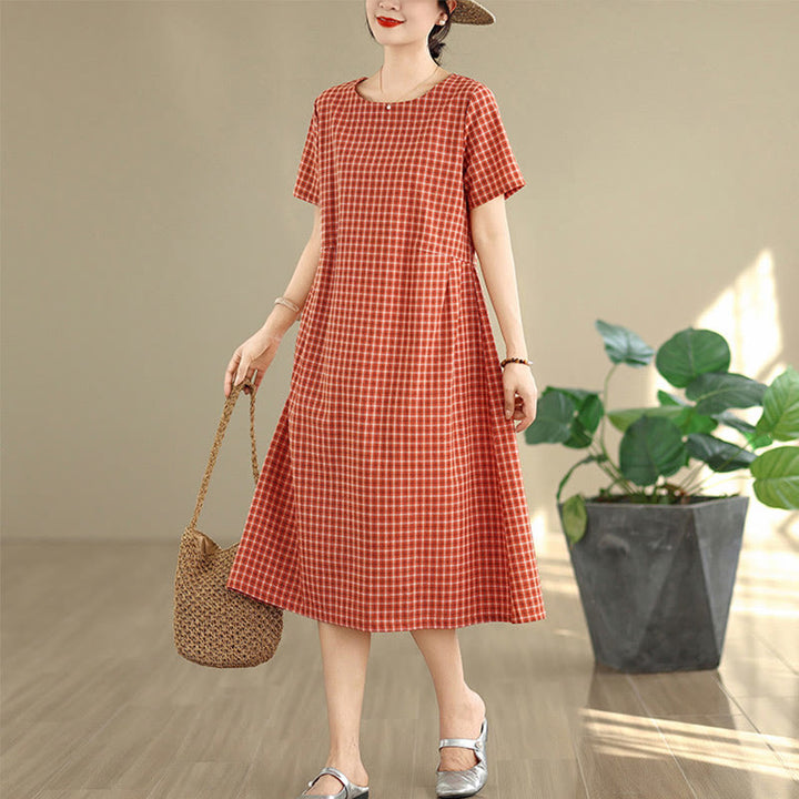 通勤用Buddha Stonesチェック柄シンプルデザインコットンリネン半袖ミディドレス（ポケット付き） - image 3