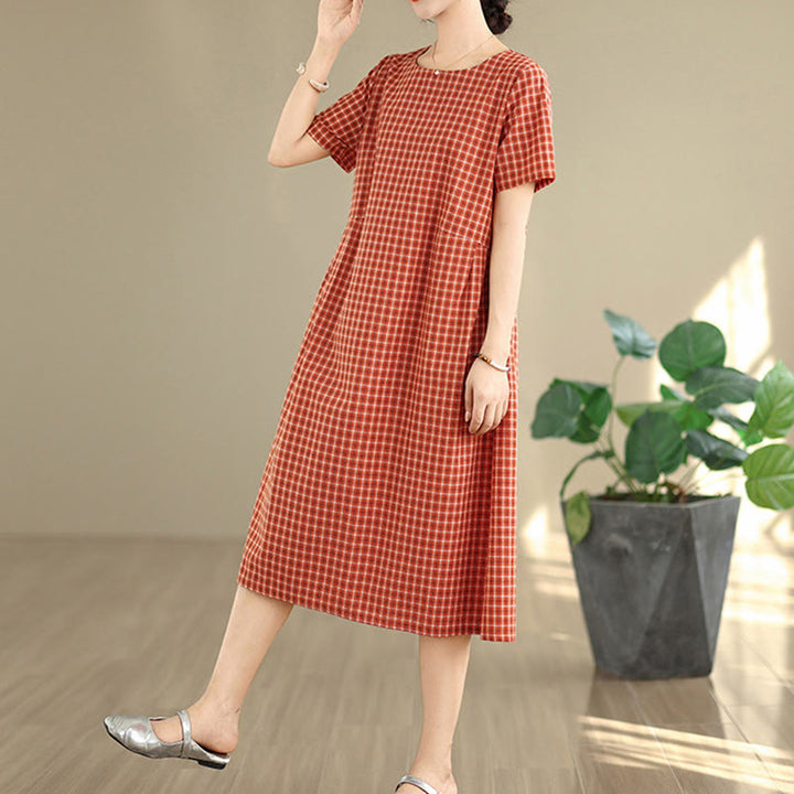 通勤用Buddha Stonesチェック柄シンプルデザインコットンリネン半袖ミディドレス（ポケット付き） - image 4