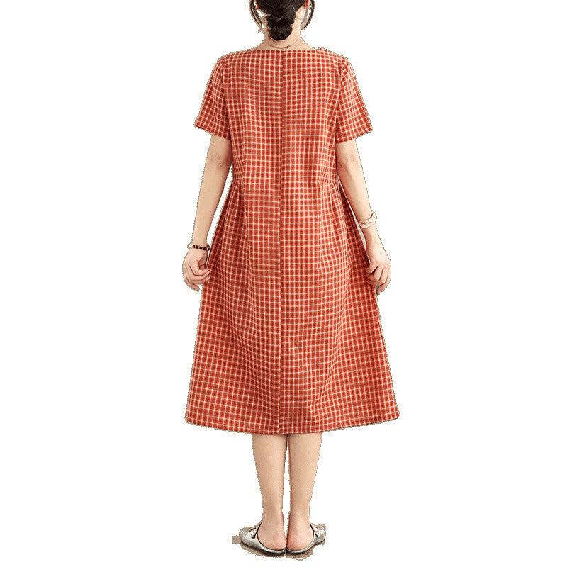 通勤用Buddha Stonesチェック柄シンプルデザインコットンリネン半袖ミディドレス（ポケット付き） - image 6