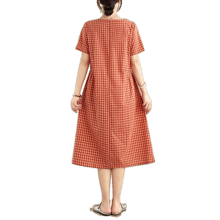 通勤用Buddha Stonesチェック柄シンプルデザインコットンリネン半袖ミディドレス（ポケット付き） - image 6