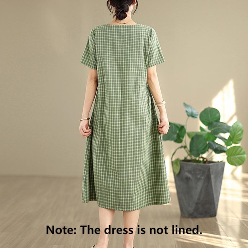通勤用Buddha Stonesチェック柄シンプルデザインコットンリネン半袖ミディドレス（ポケット付き） - image 13