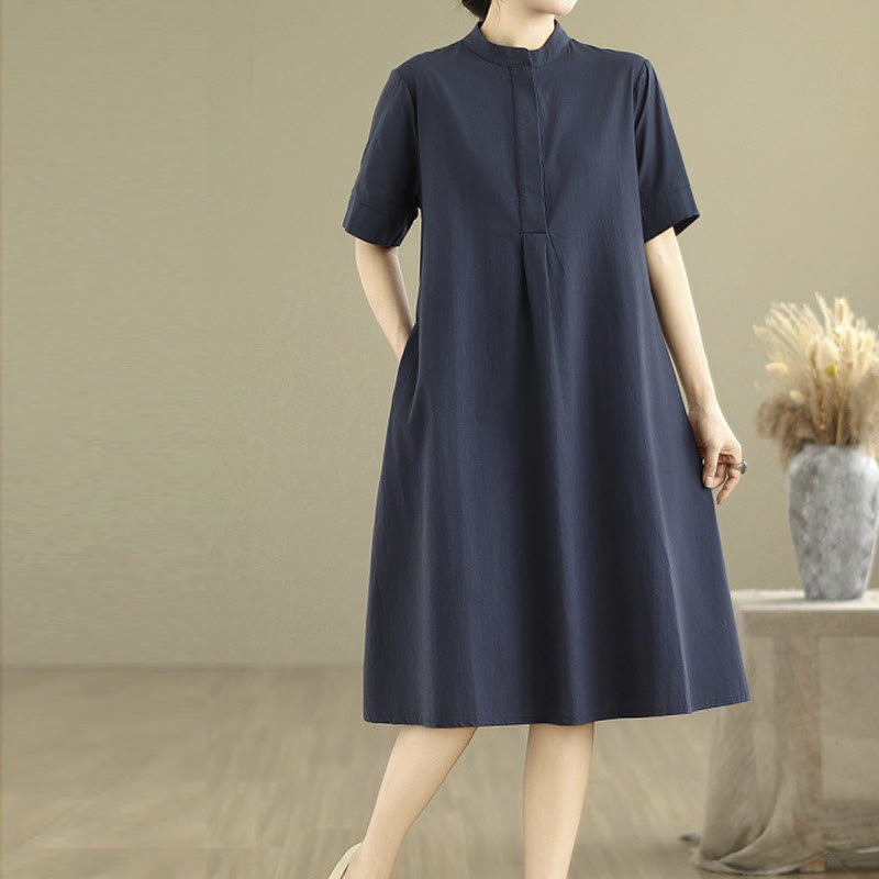 Buddha Stones通勤用チェック柄シンプルデザインコットン半袖ミディドレス（ポケット付き） - image 4